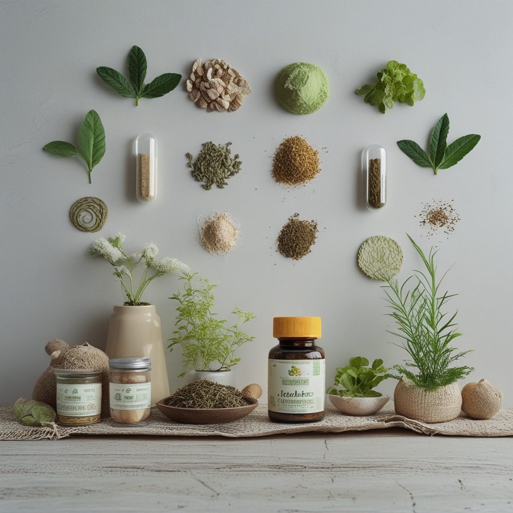 Berbagai bahan alami dan suplemen herbal dari atas termasuk kapsul berwarna krem dari bahan tumbuhan, biji-bijian cokelat, potongan jahe segar, dan tanaman herbal kering tersusun rapi di atas meja putih bersih