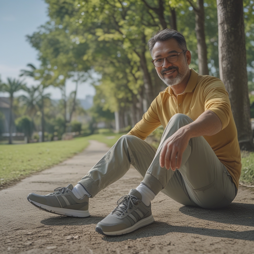 Pria dewasa berusia sekitar 45 tahun berpakaian kasual berwarna biru dengan sepatu olahraga sedang bersepeda santai di jalur taman kota yang hijau rindang, cahaya sore yang hangat menerangi pemandangan, suasana aktif dan menyenangkan