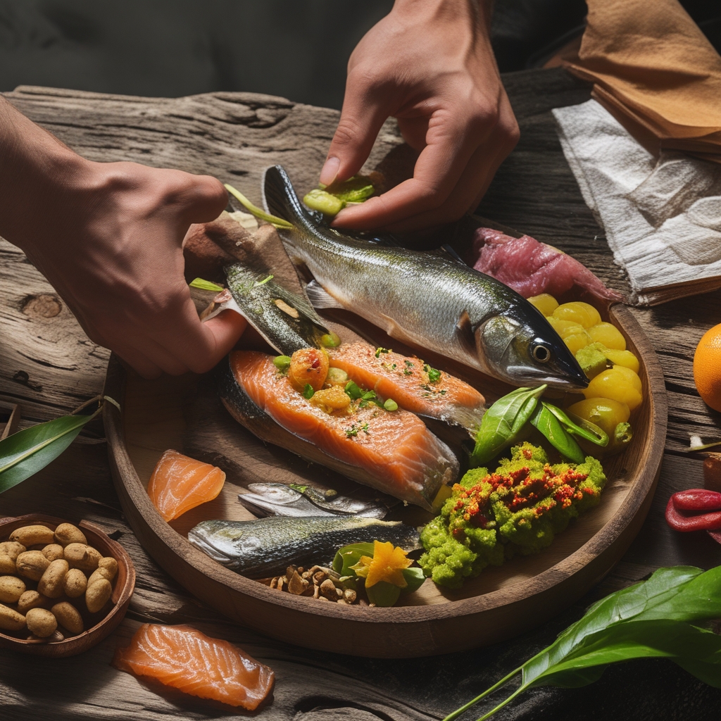 Tampilan close-up makanan bergizi tinggi untuk pria di atas nampan kayu termasuk potongan ikan salmon panggang, kacang-kacangan beragam jenis, sayuran berwarna hijau dan merah, serta segelas jus buah jeruk segar